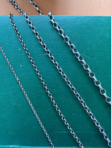 4mm rolo belcher chain.  Made in your size. Sterling silver chain with lobster clasp. Oxidised and hand polished.
