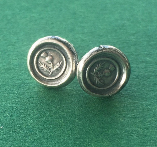 Sterling silver, Thistle, wax seal stud earrings. Scottish emblem, antique seal impression.