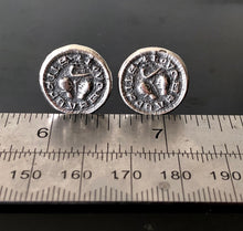 Load image into Gallery viewer, Silver love token cufflinks.  Medieval antique wax letter seal. wedding gift for groomsman or romantic gift