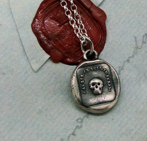 skull necklace- sterling skull wax seal pendant - &#39;as you are so once was I&#39;. memento mori.  antique wax letter seal.