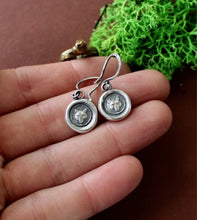 Load image into Gallery viewer, Fox earrings, sterling silver, antique wax letter seal. Wisdom, wit, shrewdness.