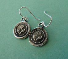 Load image into Gallery viewer, Forget me not flower, (single flower image), wax seal, sterling silver, dangle earrings.