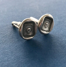 Load image into Gallery viewer, Mortality cufflinks, skull, &#39;as you are so once was I&#39; sterling silver cufflinks. swalk, antique wax letter seal impression