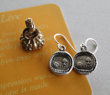 Load image into Gallery viewer, For you I live Earrings. antique wax seal dangle earrings.  Sterling Silver, love  token Earrings.
