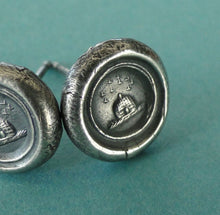 Load image into Gallery viewer, Tiny Sterling Silver earrings, small stud earrings, Wax seal impression, antique &#39;Beehive&#39; industry and diligence&#39;