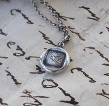 Load image into Gallery viewer, Eagle pendant, fearless eagle soaring. Antique wax seal pendant. Sterling without fear motto. brave like an eagle