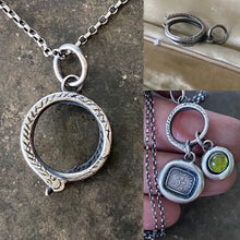 Load image into Gallery viewer, Sterling silver snake charm holder.  Ouroboros meaningful amulet holder.  Victorian fob amulet holder.