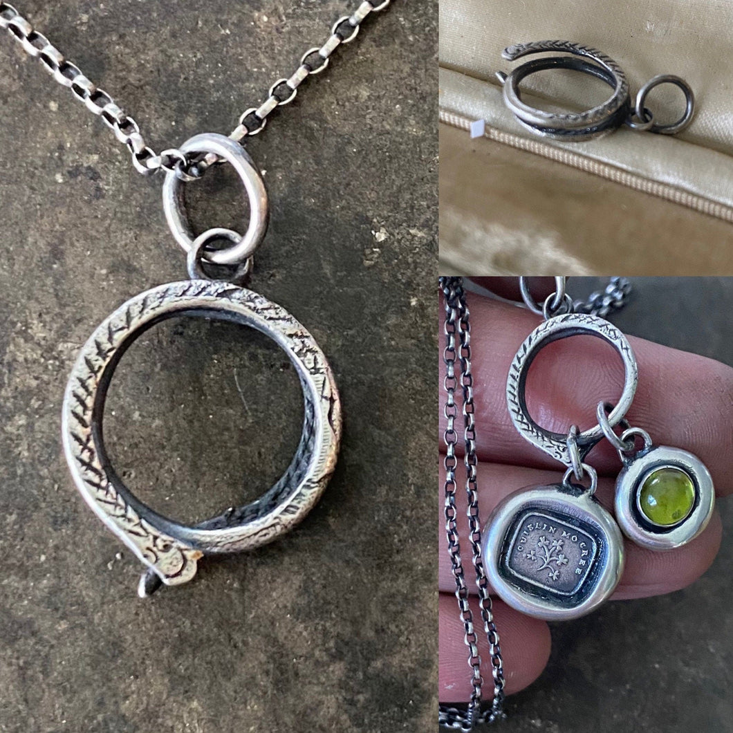 Sterling silver snake charm holder.  Ouroboros meaningful amulet holder.  Victorian fob amulet holder.