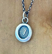 Load image into Gallery viewer, Small antique wax seal pendant.  Irish harp and shamrock.  250 year old wax seal impression. Irish interest.