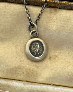 Small antique wax seal pendant.  Irish harp and shamrock.  250 year old wax seal impression. Irish interest.