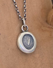 Load image into Gallery viewer, Small antique wax seal pendant.  Irish harp and shamrock.  250 year old wax seal impression. Irish interest.