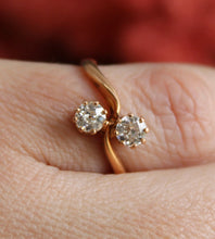 Load image into Gallery viewer, 18ct Rose gold Toi et Moi Diamond ring.   .25ct each stone.  One modern stone one old cut stone. bright clean white diamonds.