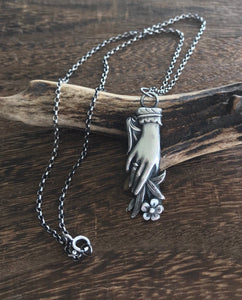 Silver hand pendant.  Victorian memento mori with forget me not flowers. handmade mourning jewelry.