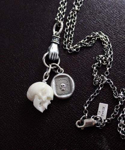 Skull necklace, sterling silver memento Mori necklace, antique wax seal jewelry, with bone skull charm.  Spooky and gothic necklace.