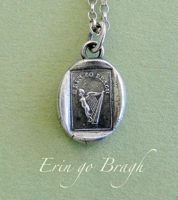 Erin go bragh, Ireland Forever, Angel with a harp for wings....... wax seal stamp jewelry, Sterling silver, shamrock