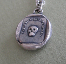 Load image into Gallery viewer, skull necklace- sterling skull wax seal pendant - &#39;as you are so once was I&#39;. memento mori.  antique wax letter seal.
