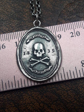 Load image into Gallery viewer, Silver skull and crossbones pendant. Antique wax seal jewelry. Memento Mori pendant.