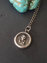 Load image into Gallery viewer, Silver skull and crossbones pendant. Antique wax seal jewelry. Memento Mori pendant.