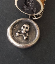 Load image into Gallery viewer, Silver skull and crossbones pendant. Antique wax seal jewelry. Memento Mori pendant.