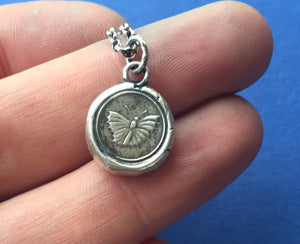 Moth pendant. Rebirth and new beginnings. Antique wax letter seal jewelry, Sterling silver seal with moth impression