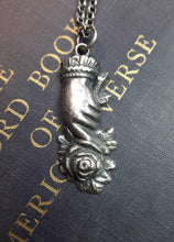 Load image into Gallery viewer, Sweetheart, mourning hand, sterling memento mori pendant. Beautiful Victorian sterling Rose Pendant