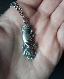 Sweetheart, mourning hand, sterling memento mori pendant. Beautiful Victorian sterling Rose Pendant