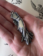Load image into Gallery viewer, Monster Memento Mori , Victorian mourning hand pendant and chain.  Hand holding wrath.  Enormous statement  sterling silver pendant .