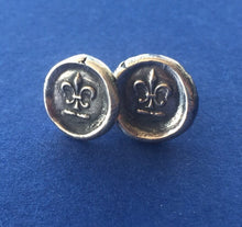 Load image into Gallery viewer, Fleur de Lis, antique wax seal stamp, Sterling silver stud earrings, small earrings, flower earrings, petite earrings, antique earrings,