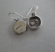 Load image into Gallery viewer, For you I live Earrings. antique wax seal dangle earrings.  Sterling Silver, love  token Earrings.