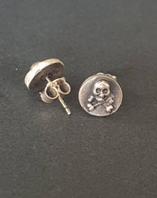 Load image into Gallery viewer, Skull and crossbones stud earrings.  Sterling memento mori statement jewelry. gothic, halloween earrings.