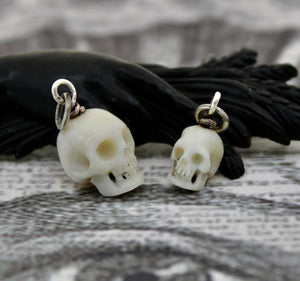 Hand Carved Skull Charm, Large and Small.  Bone carved skull. memento mori skull, mourning jewelry, halloween jewelry.