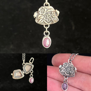 Tiny flower locket with ruby drop.  Sterling silver handmade pendant.