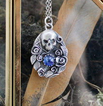 Load image into Gallery viewer, Blue Kyanite Skull, sterling silver handmade pendant and chain