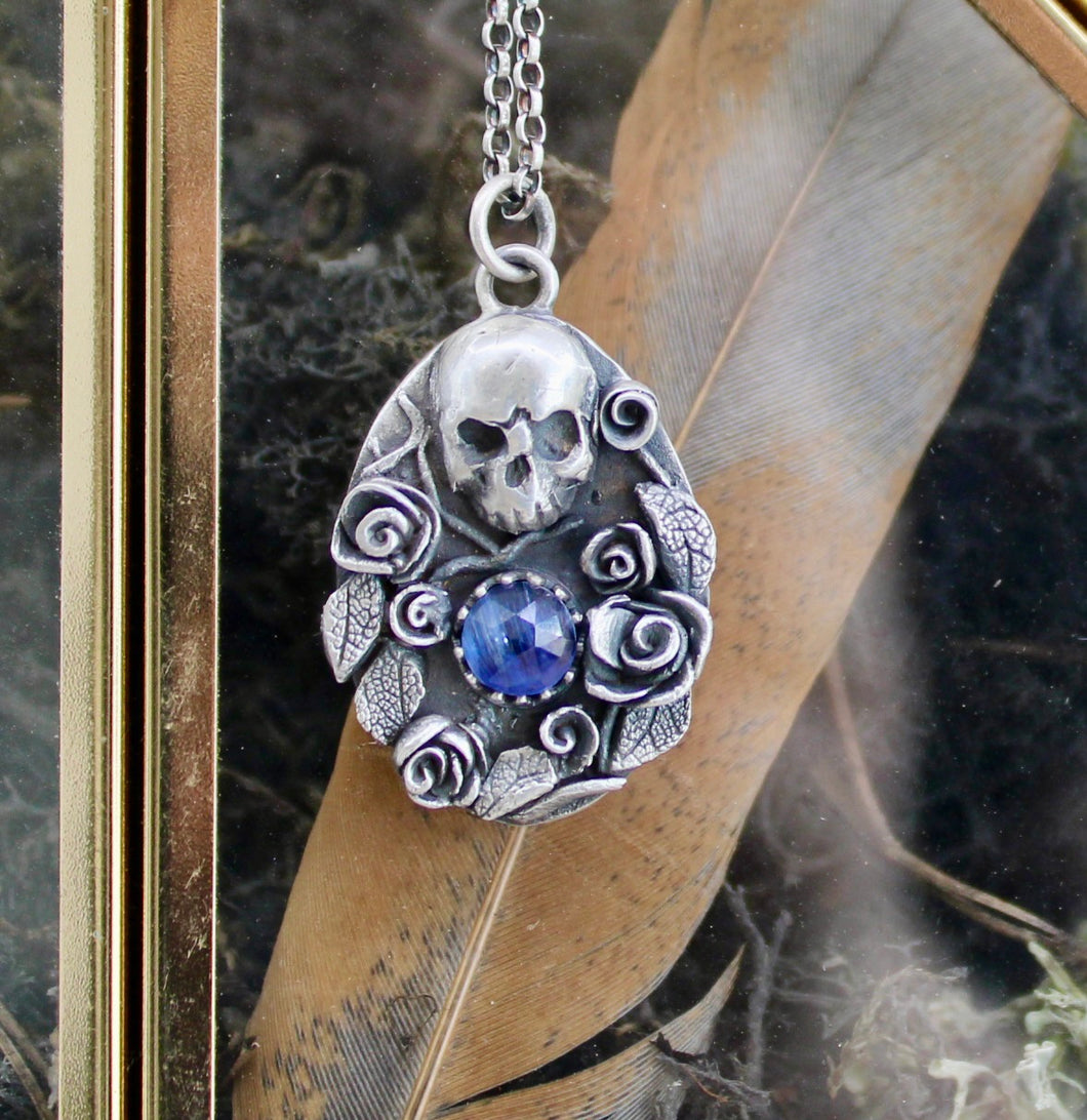 Blue Kyanite Skull, sterling silver handmade pendant and chain