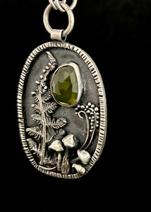 Vesuvianite and fern pendant with handmade paper clip chain.