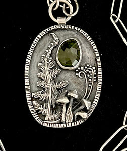 Vesuvianite and fern pendant with handmade paper clip chain.