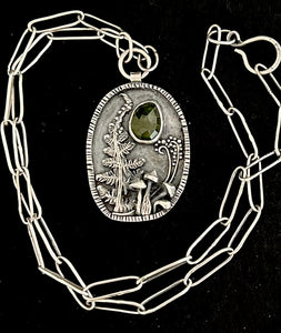 Vesuvianite and fern pendant with handmade paper clip chain.
