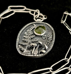 Vesuvianite and fern pendant with handmade paper clip chain.