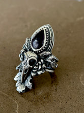Load image into Gallery viewer, Crow skull and amethyst ring. Size 9