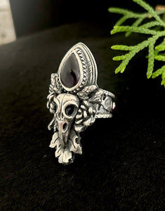 Crow skull and amethyst ring. Size 9
