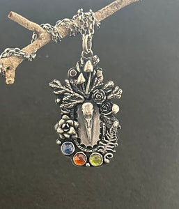Crow skull, vesuvianite, kyanite and ruby pendant With extendable chain