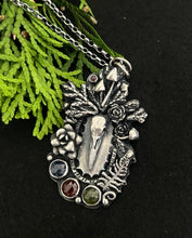 Load image into Gallery viewer, Crow skull, vesuvianite, kyanite and ruby pendant With extendable chain
