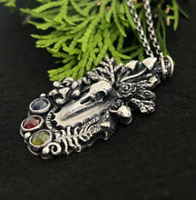 Load image into Gallery viewer, Crow skull, vesuvianite, kyanite and ruby pendant With extendable chain