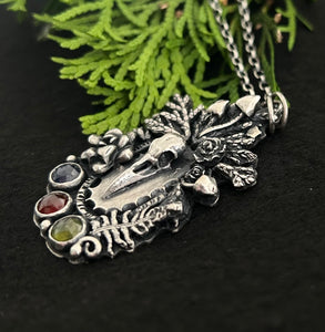 Crow skull, vesuvianite, kyanite and ruby pendant With extendable chain