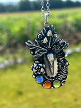 Load image into Gallery viewer, Crow skull, vesuvianite, kyanite and ruby pendant With extendable chain