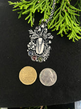 Load image into Gallery viewer, Crow skull, vesuvianite, kyanite and ruby pendant With extendable chain
