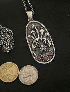 Sterling silver, pink Tourmaline and ruby, Mushroom pendant pendant.