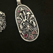 Load image into Gallery viewer, Sterling silver, pink Tourmaline and ruby, Mushroom pendant pendant.