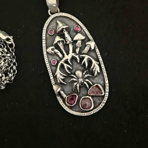 Sterling silver, pink Tourmaline and ruby, Mushroom pendant pendant.