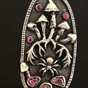 Sterling silver, pink Tourmaline and ruby, Mushroom pendant pendant.